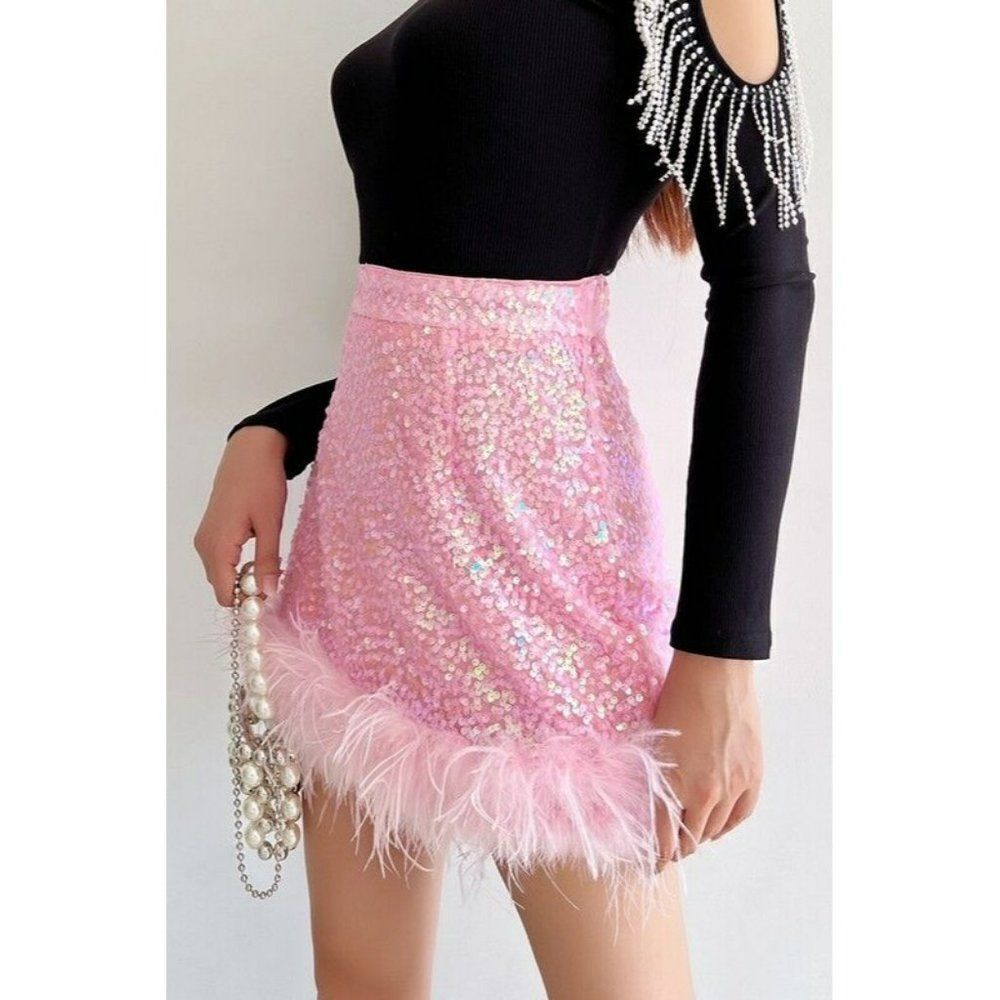 La Ros' Baby Pink Sequin Feather Mid Rise Mini Skirt Boutique New S-L CD3929